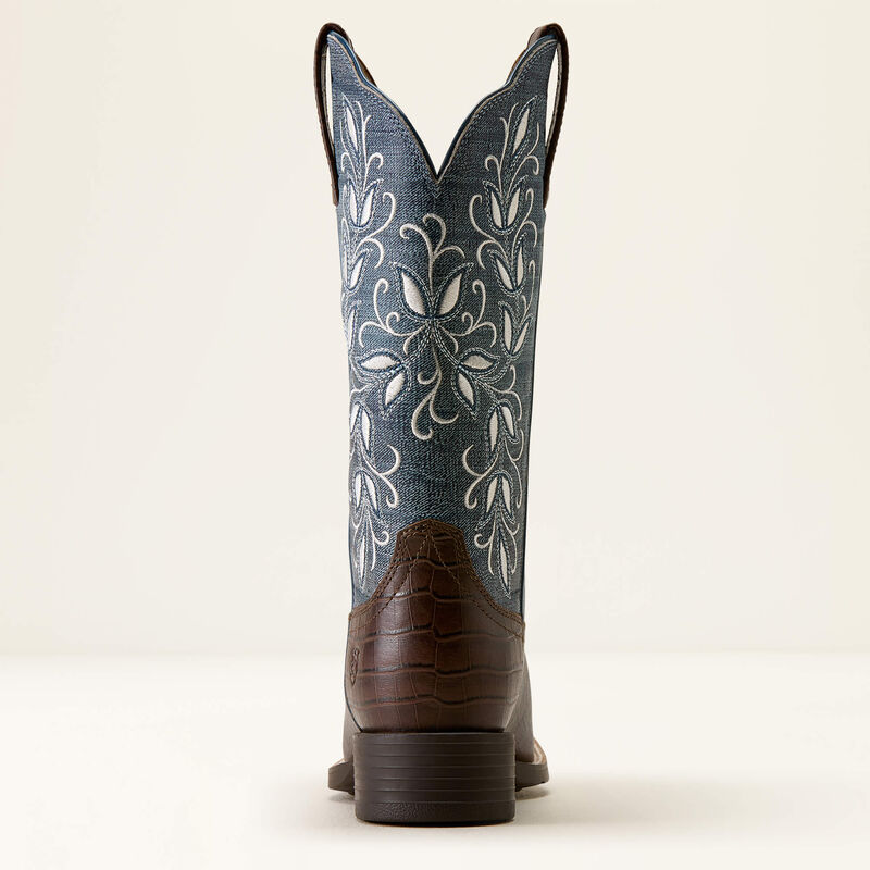 Ariat Round Up Holly wide square toe western boot - Chocolate croc print/Denim croc print