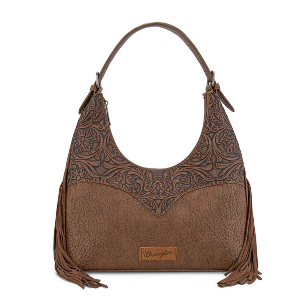 Wrangler Fringe Floral Tooled Hobo Bag - Coffee