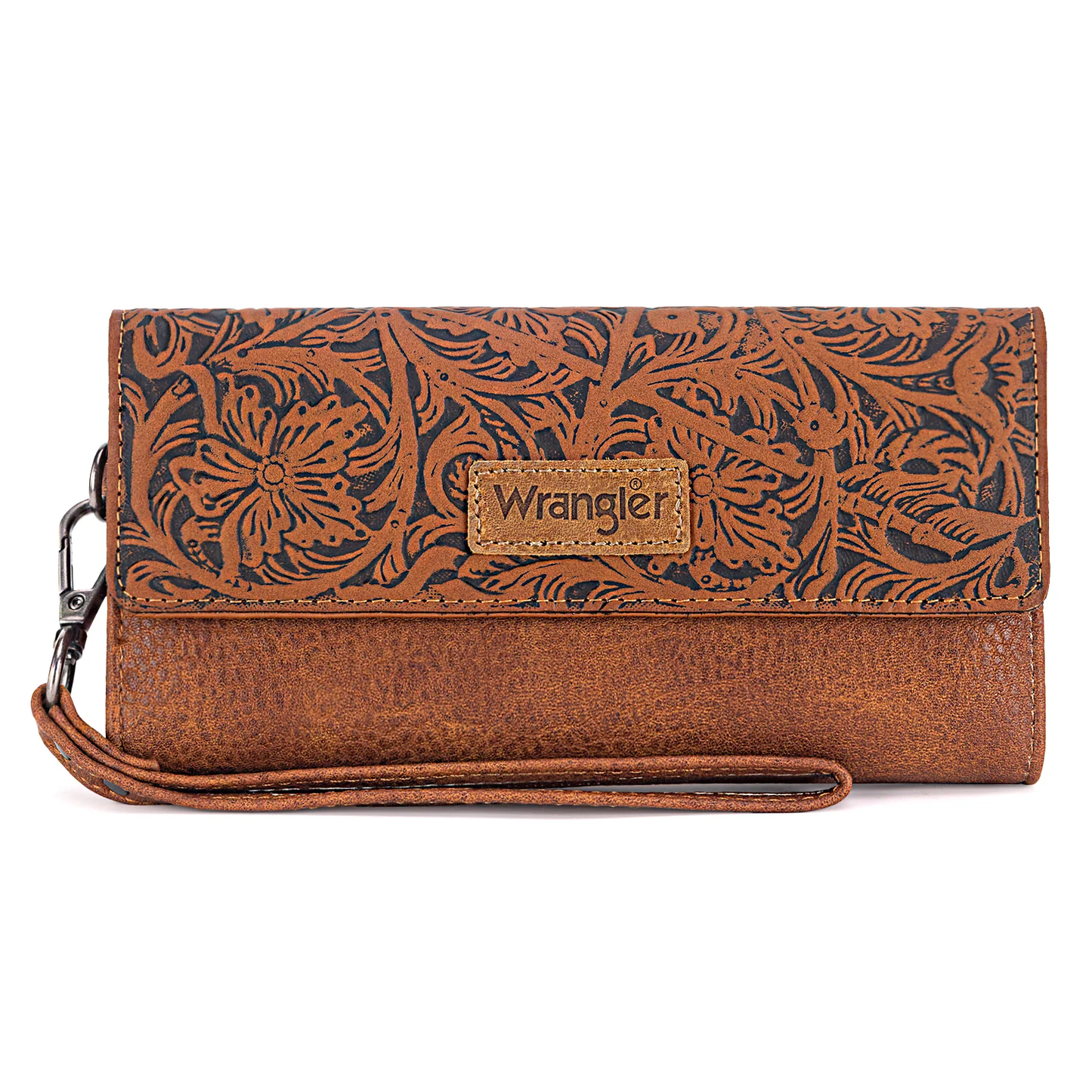 Wrangler Western Floral Tooled Tri-fold RFID Wallet/Wristlet - Brown