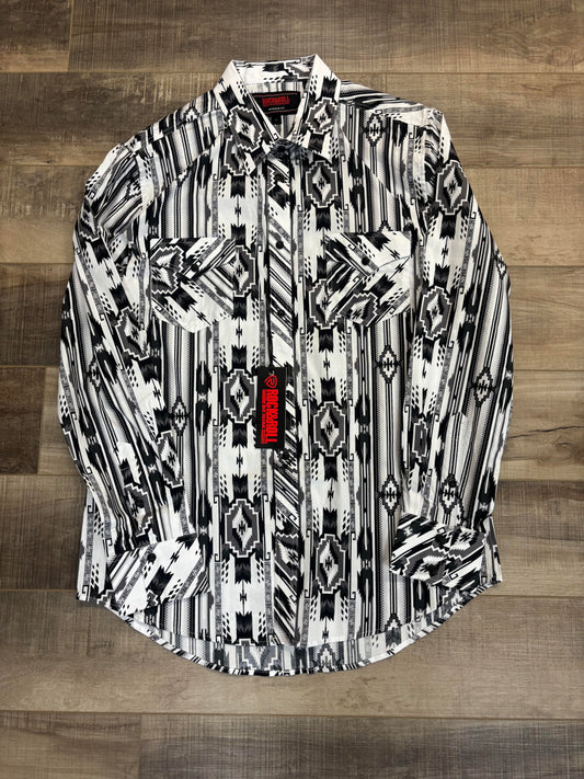 Rock & Roll black/white aztec modern fit snap - Large *SALE*