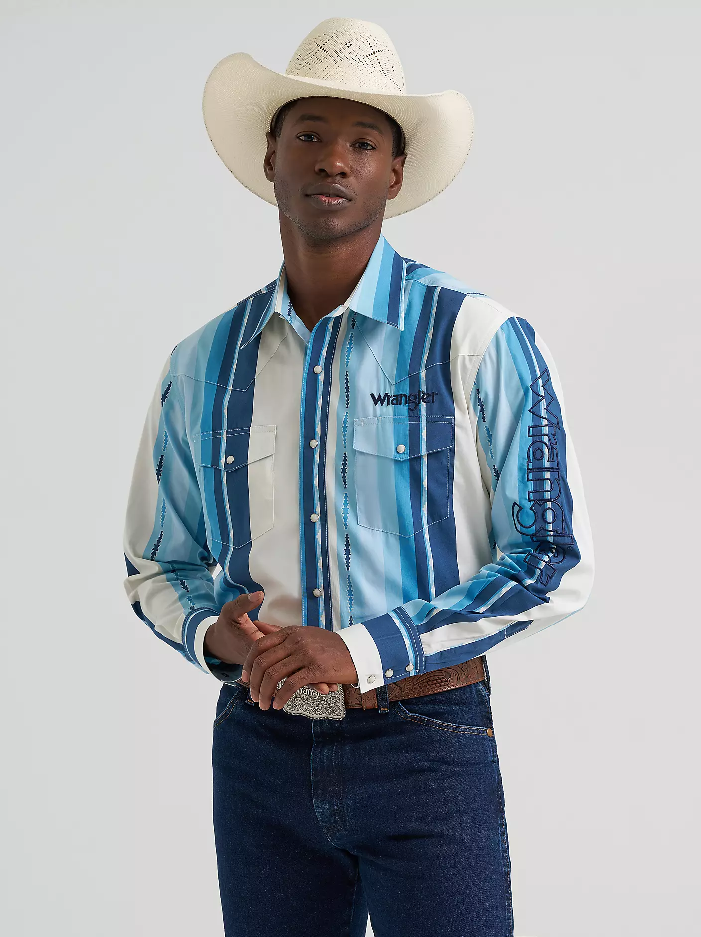 Men's Wrangler® Logo Long Sleeve Striped Shirt - Blue Clouds