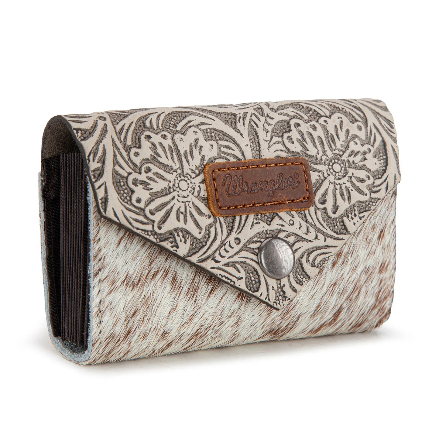 Wrangler Genuine Hair-On Cowhide Floral Tooled Card Holder - Beige