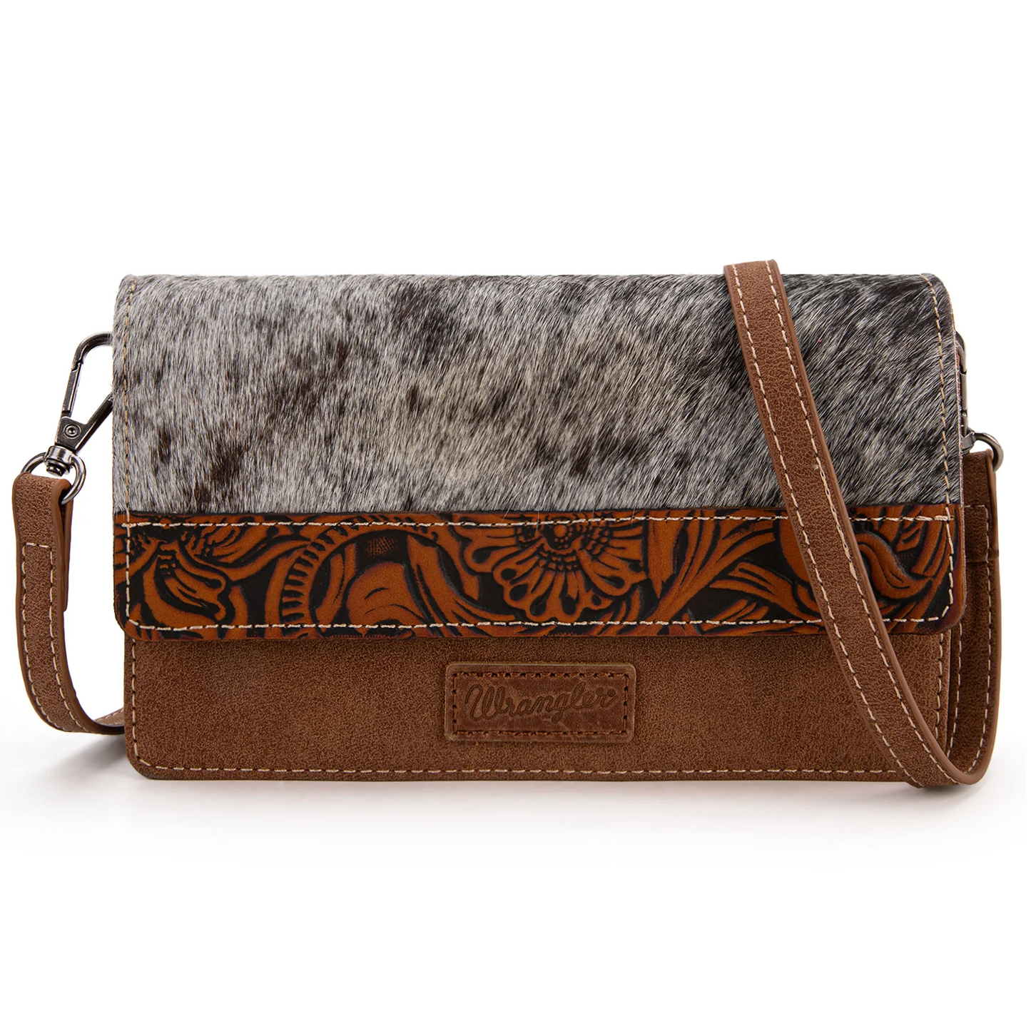 Wrangler Genuine Hair-On Cowhide Wallet/Crossbody - Brown