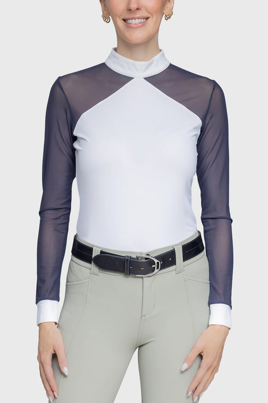 Chemise de concours élégante à manches longues en maille blanche et bleu marine Kastel