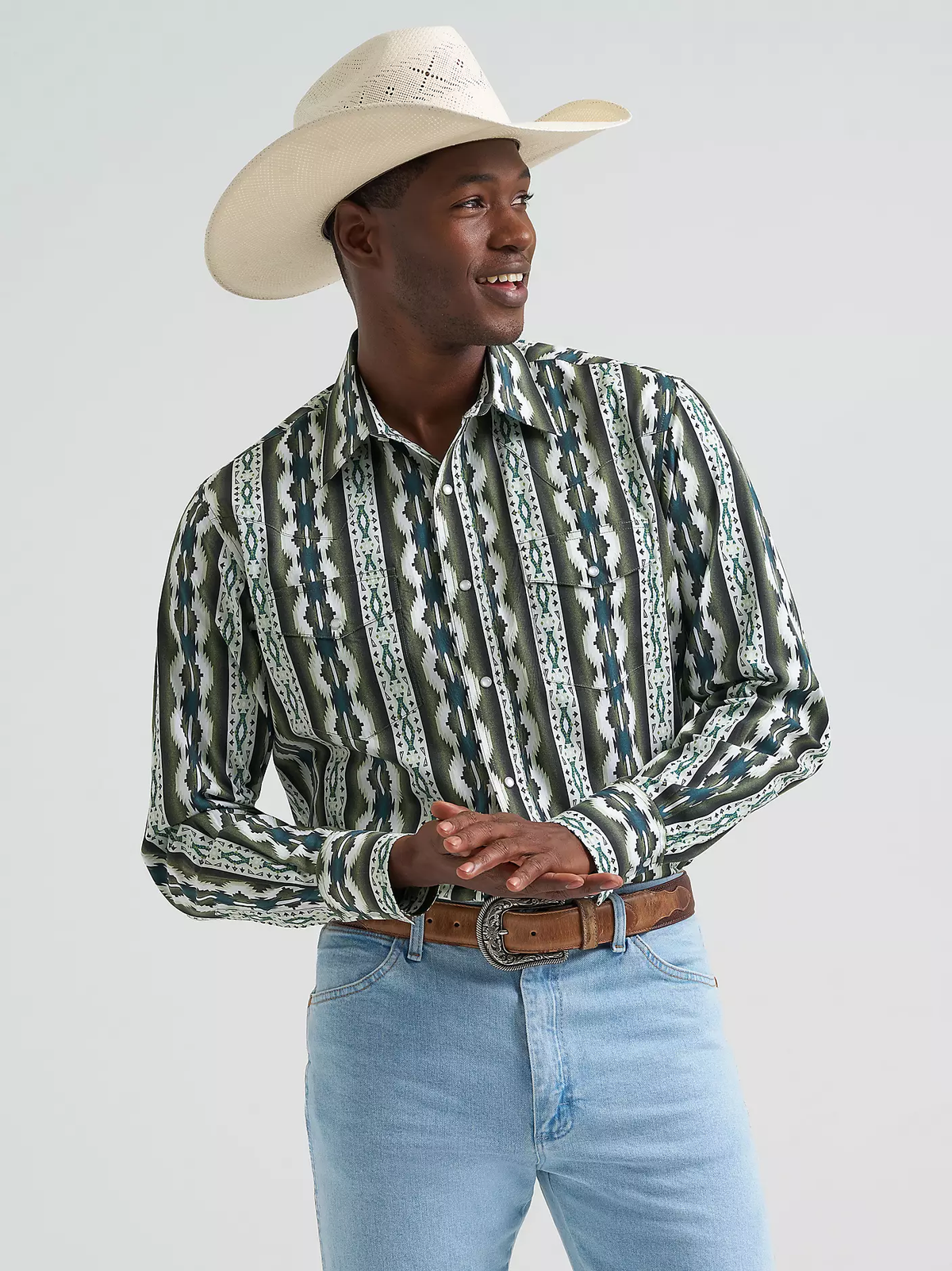 Wrangler men's Checotah® Long Sleeve Western Snap Printed Shirt - Olivine