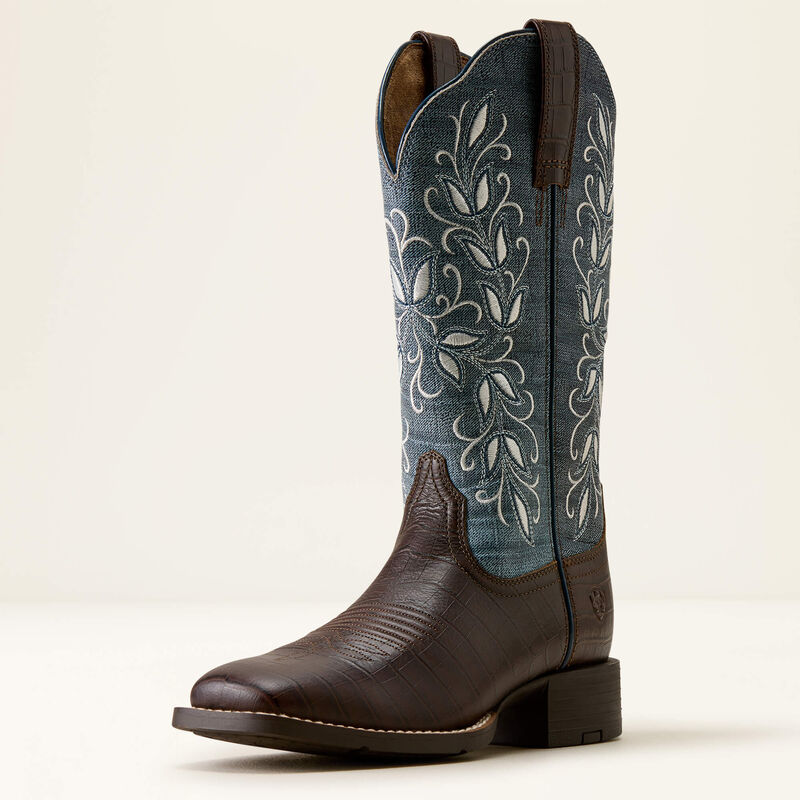 Ariat Round Up Holly wide square toe western boot - Chocolate croc print/Denim croc print