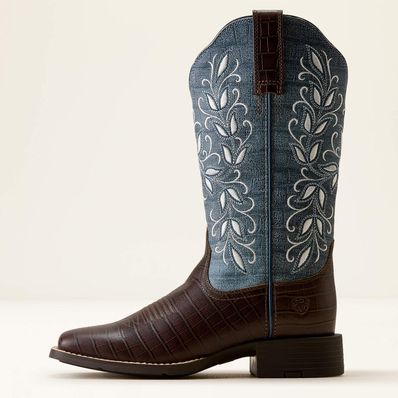 Ariat Round Up Holly wide square toe western boot - Chocolate croc print/Denim croc print