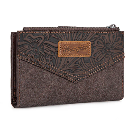 Wrangler Floral tooled card holder bi-fold wallet - Coffee