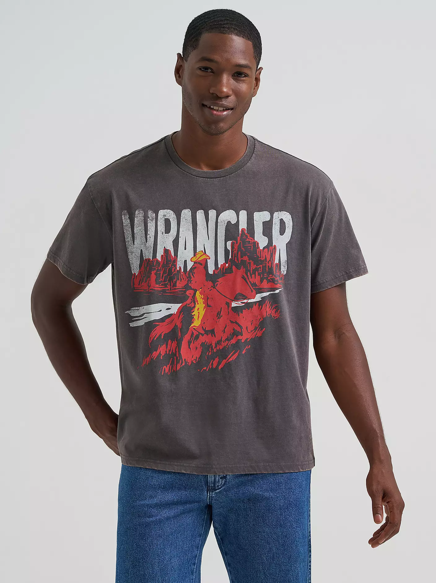 Wrangler Flame Cowboy Vintage Fit Graphic T-Shirt - Charcoal Acid Wash