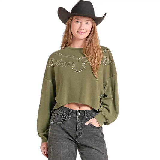 Rock & Roll Studded Sweatshirt - Olive