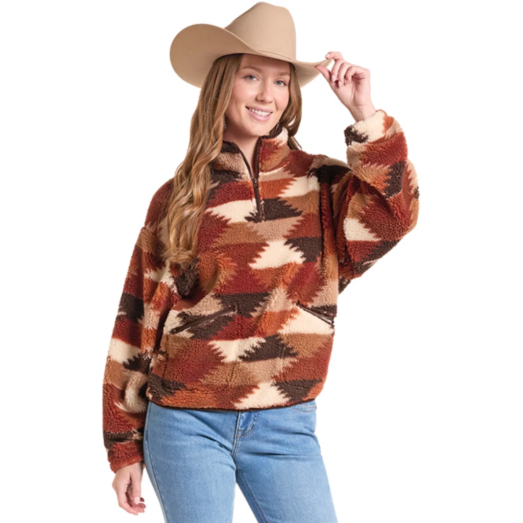 Rock & Roll Denim Hexagon Print 1/4 Zip Sherpa Jacket - Brown