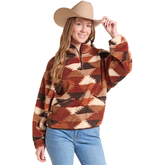 Rock & Roll Denim Hexagon Print 1/4 Zip Sherpa Jacket - Brown