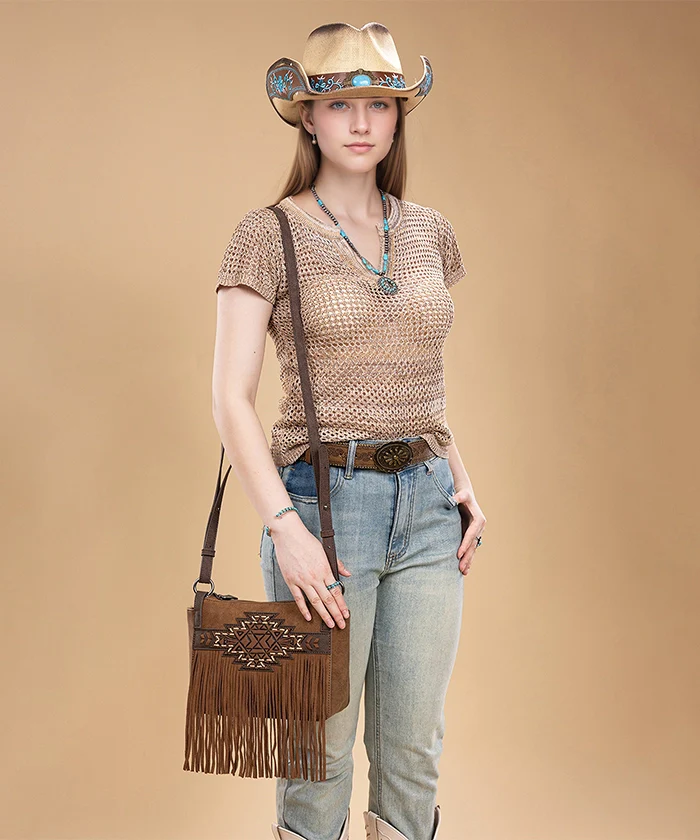 Trinity Ranch aztec tooled fringe crossbody - Brown