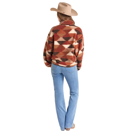 Rock & Roll Denim Hexagon Print 1/4 Zip Sherpa Jacket - Brown