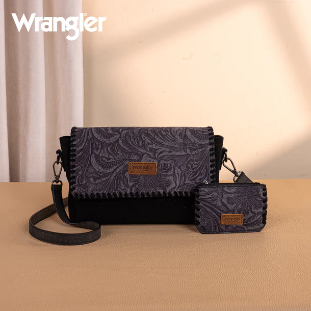 rangler Vintage Floral Printed Crossbody Bag with Small Pouch - Black