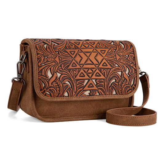 Trinity Ranch Floral Aztec Tooled Crossbody - Brown