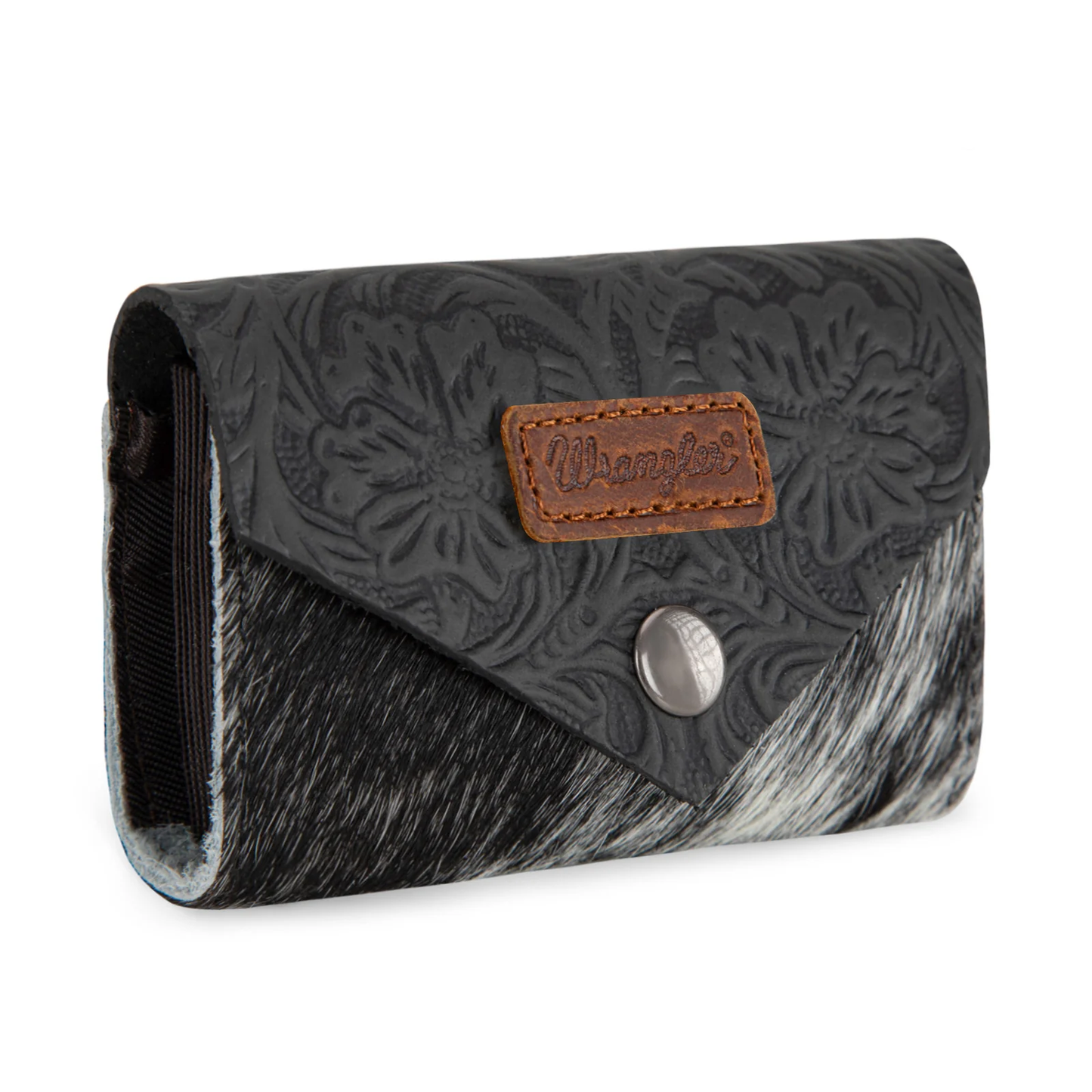 Wrangler Genuine Hair-On Cowhide Floral Tooled Card Holder - Black