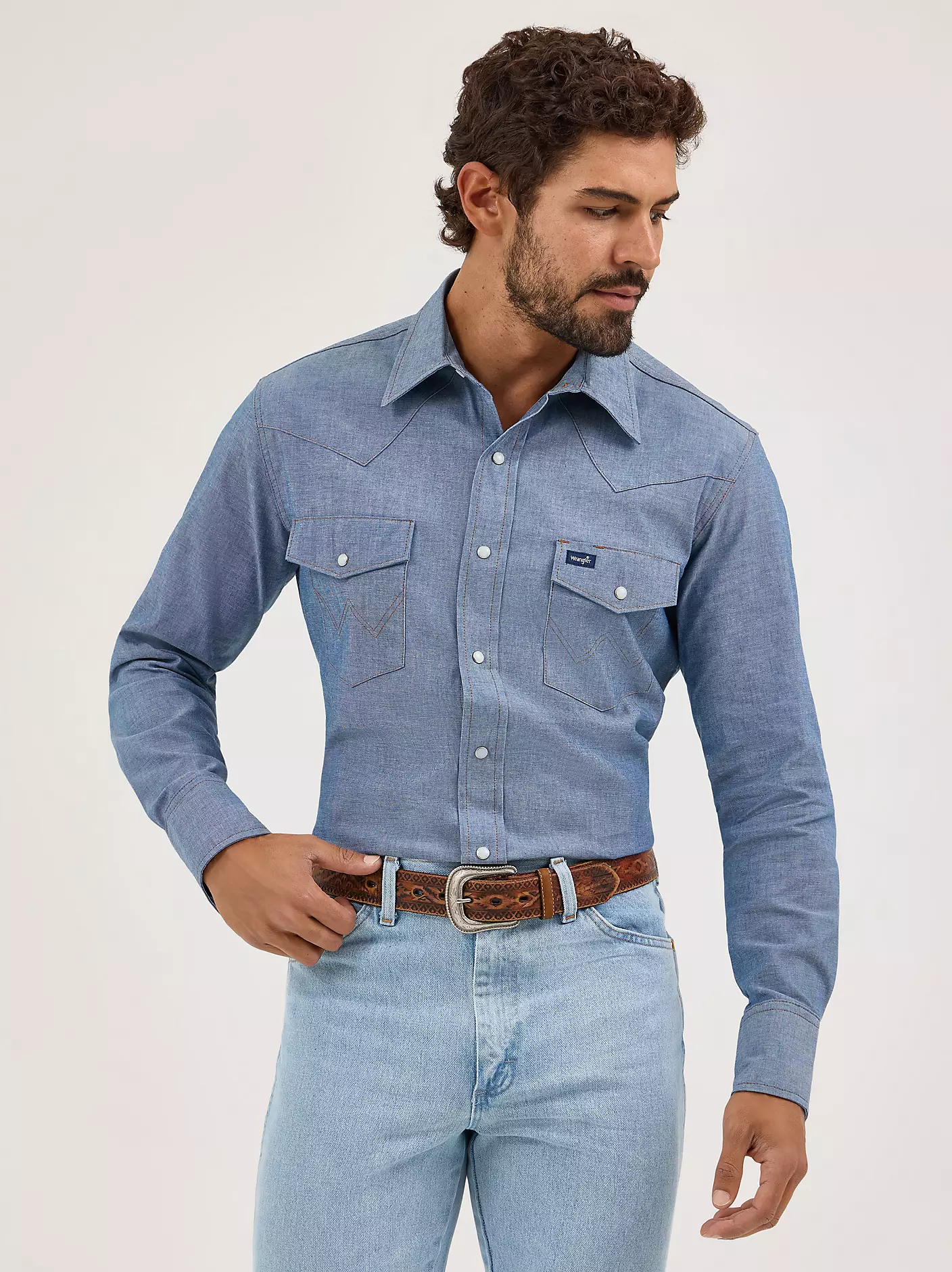 Wrangler Cowboy Cut® long sleeve western snap Chambray firm finish work shirt - Chambray Blue