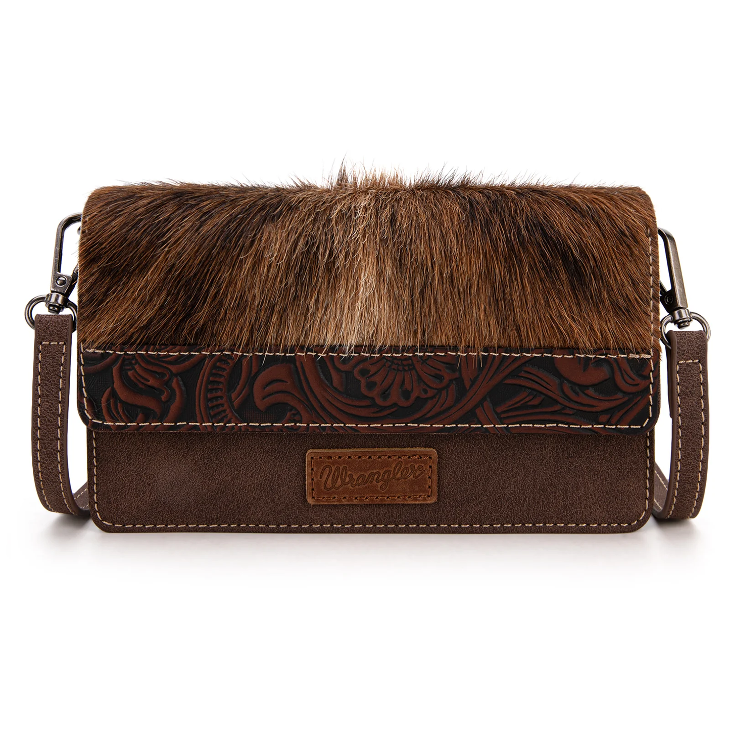 Wrangler Genuine Hair-On Cowhide Wallet/Crossbody - Coffee