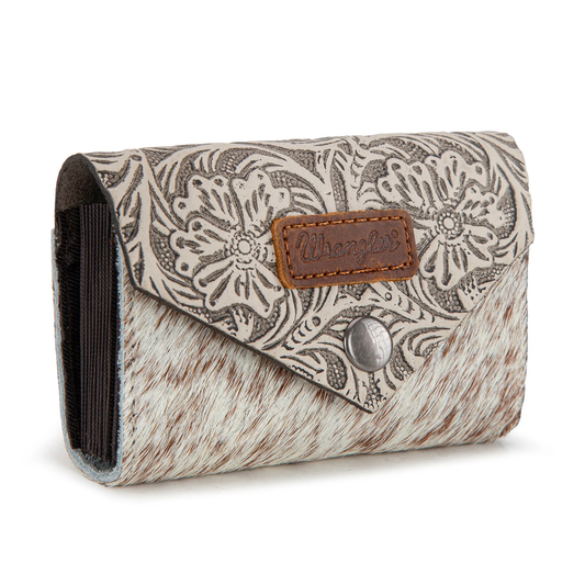 Wrangler Genuine Hair-On Cowhide Floral Tooled Card Holder - Beige