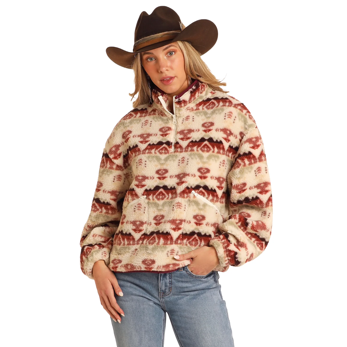 Rock & Roll aztec print quarter zip sherpa sweater - Eggshell
