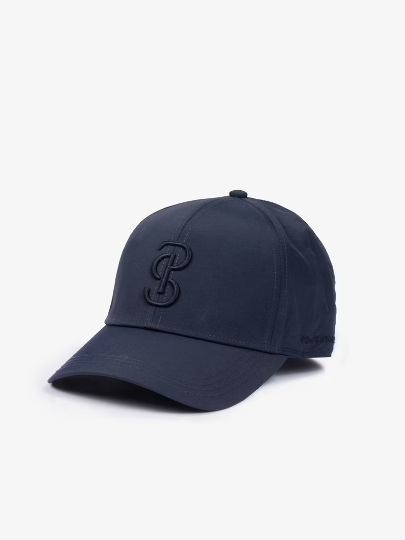 Classic fit baseball cap with tonal monogram embroidery at front, text logo at side, and adjustable strap at back. Athletic material with mesh like backing.