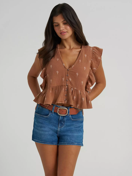 Wrangler women's Gauzy Flutter Sleeve blouse - Brown
