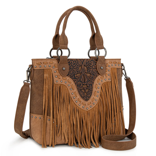 Trinity Ranch Floral Tooled Fringe Tote/Crossbody - Brown