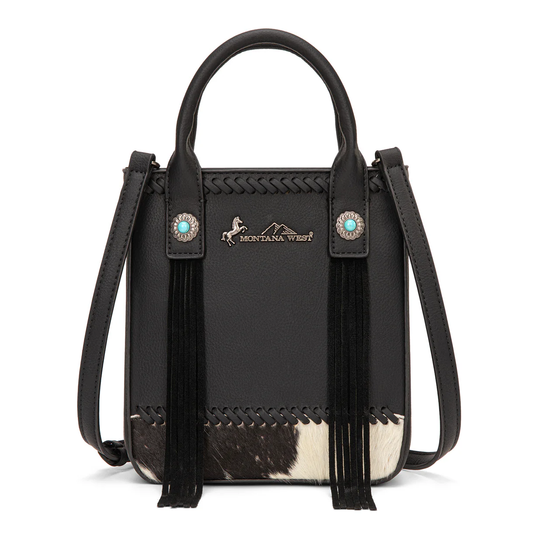 Montana West Hair-on cowhide fringe tote/crossbody - Black