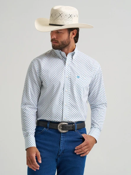 Wrangler Relaxed Fit button down long sleeve shirt - Teal white print