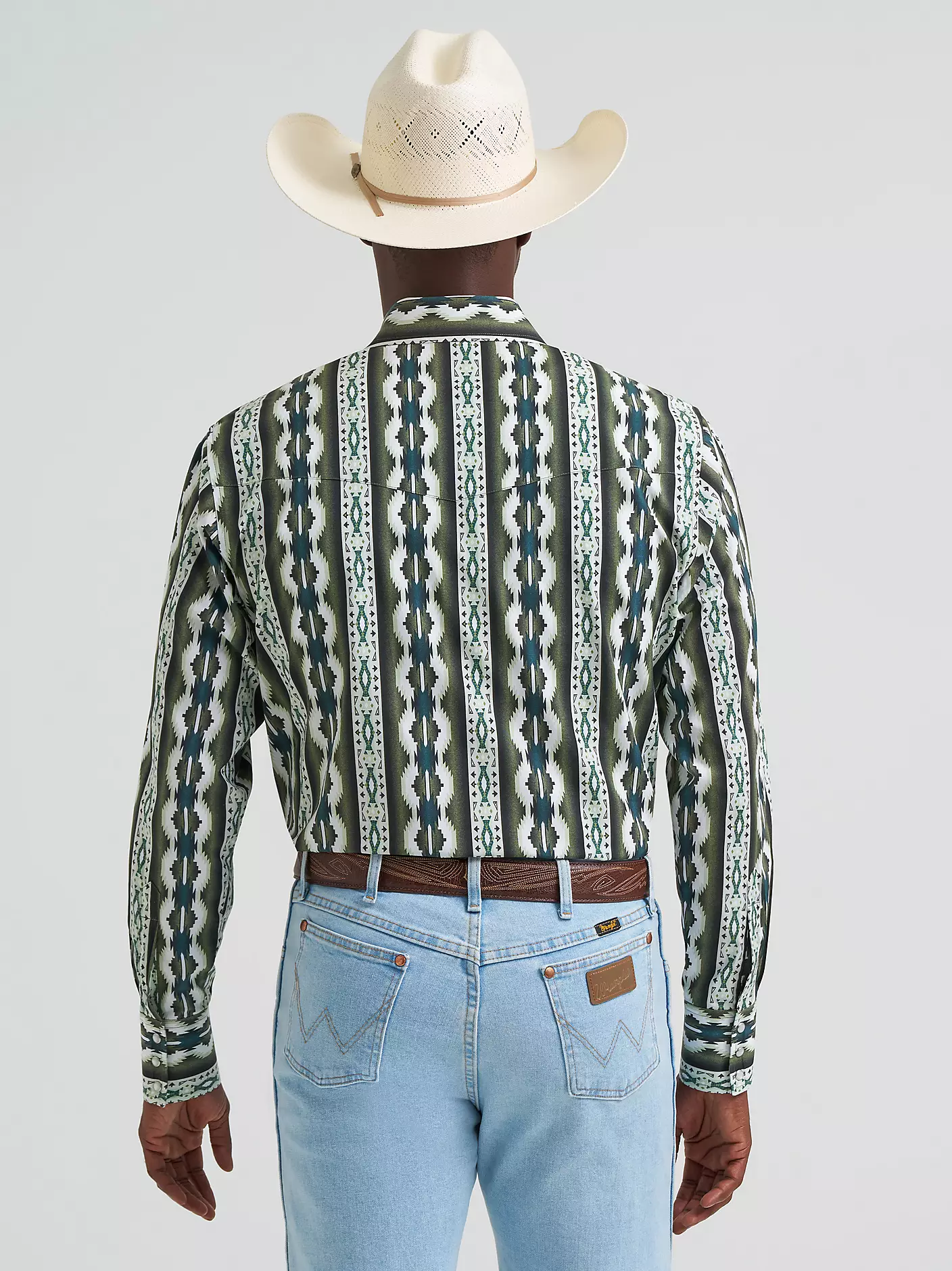 Wrangler men's Checotah® Long Sleeve Western Snap Printed Shirt - Olivine