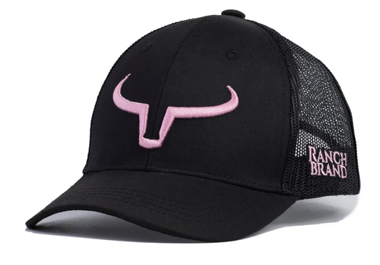 Ranch Brand Ponytail Cap for Women - Black & Mesh Black | Logo Pink
