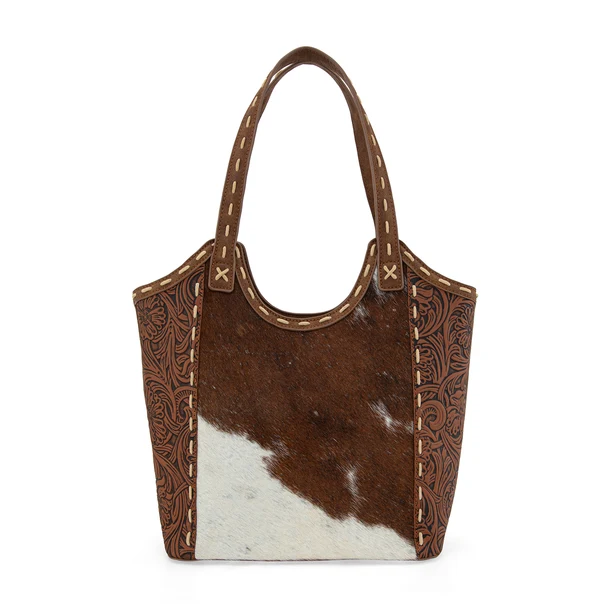 Trinity Ranch Genuine Hair-On Cowhide Tooled Concealed Carry Tote - Brown