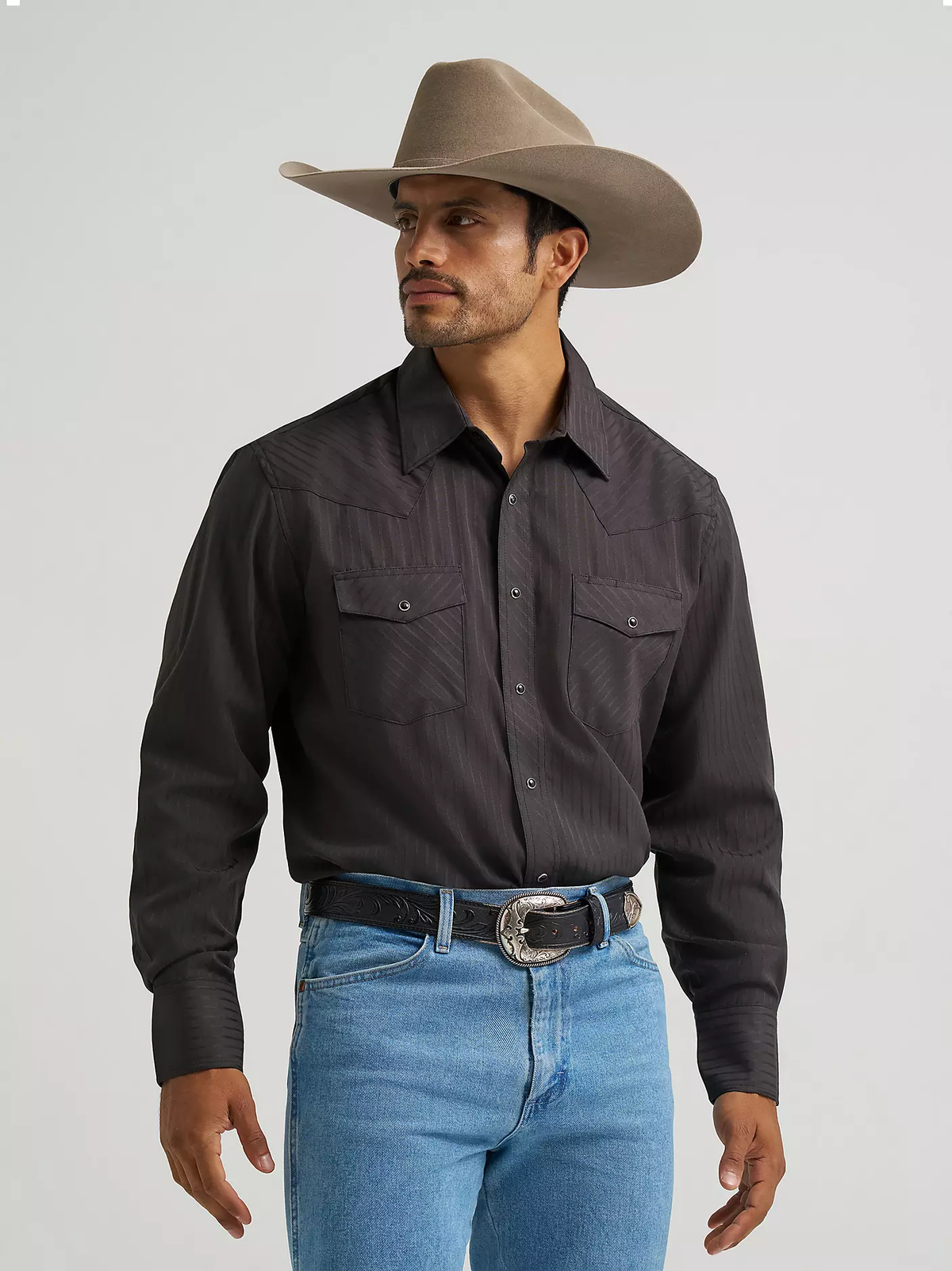Wrangler® Western long sleeve western snap Dobby stripe shirt - Black