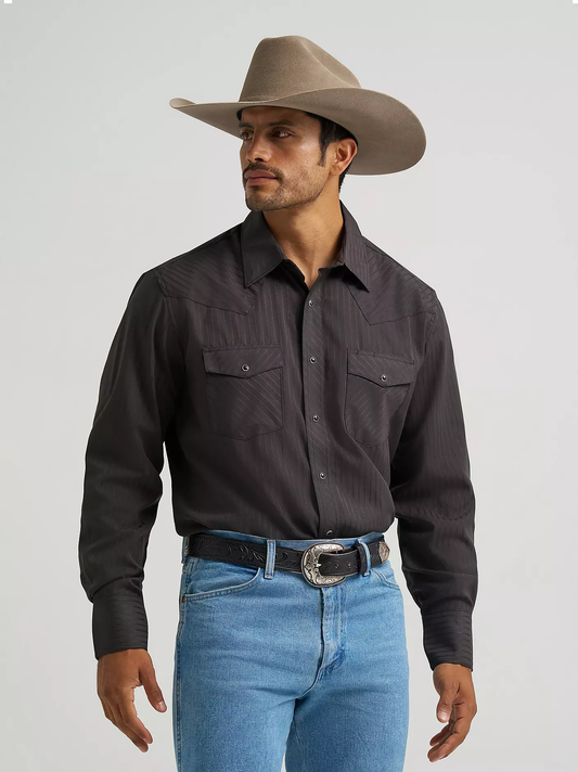 Wrangler® Western long sleeve western snap Dobby stripe shirt - Black