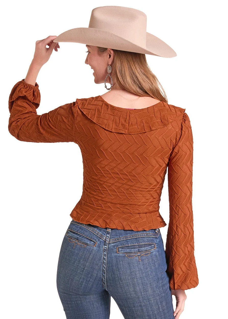 Rock & Roll textured ruffled long sleeve top - Rust