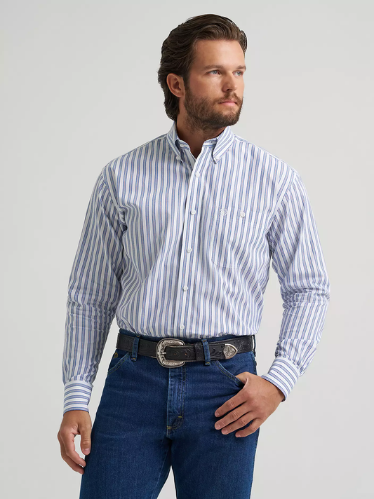 Wrangler® George Strait™ Long Sleeve Button Down One Pocket Shirt - Striped Blue