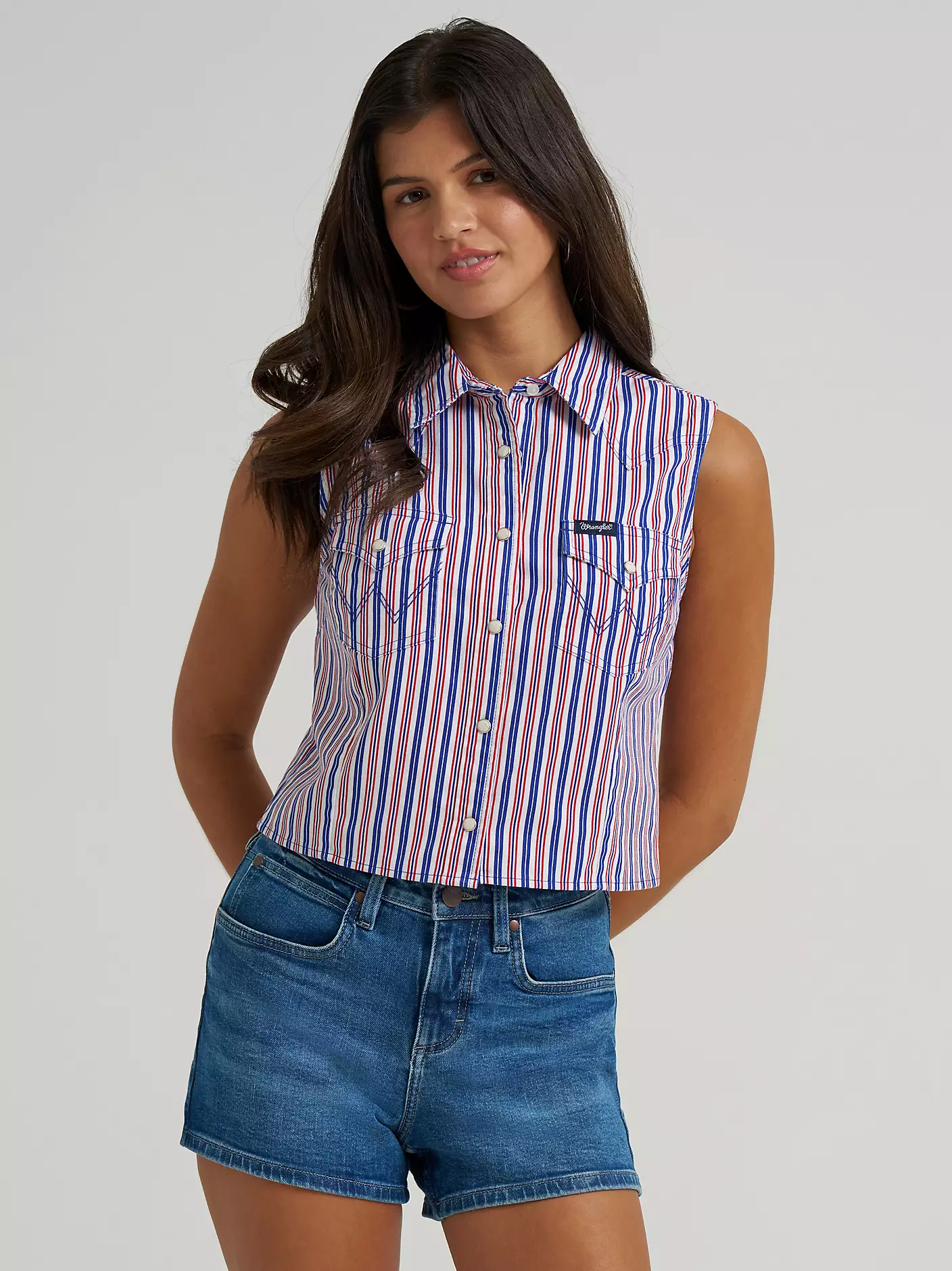 Wrangler Striped Sleeveless Snap Shirt - Blue Stripe