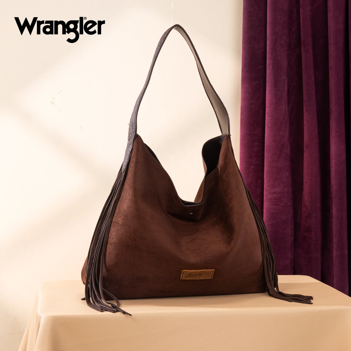 Wrangler Fringe Floral Tooled Hobo Bag - Coffee