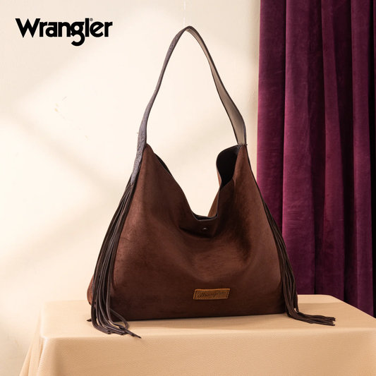Wrangler Fringe Floral Tooled Hobo Bag - Coffee