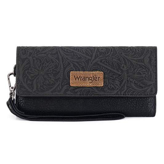 Wrangler Western Floral tooled tri-fold RFID wallet/wristlet - Tan