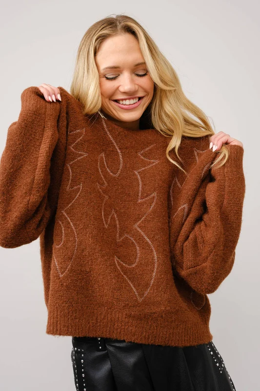 Rock & Roll Cowgirl boot stitch embroidered sweater - Rust