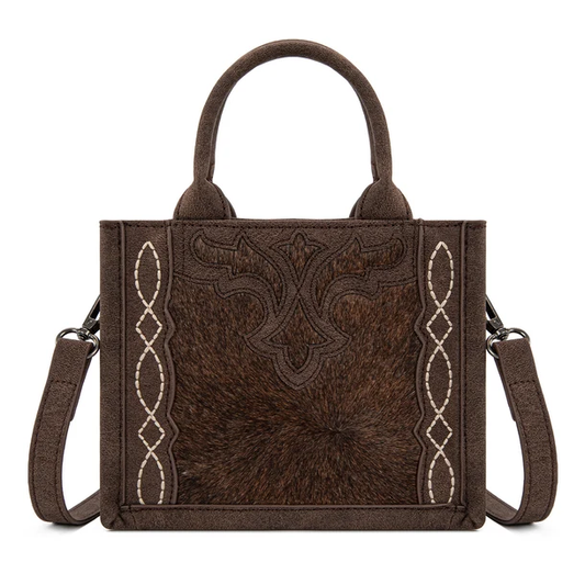 Mini sac fourre-tout/bandoulière Trinity Ranch en peau de vache western - Café