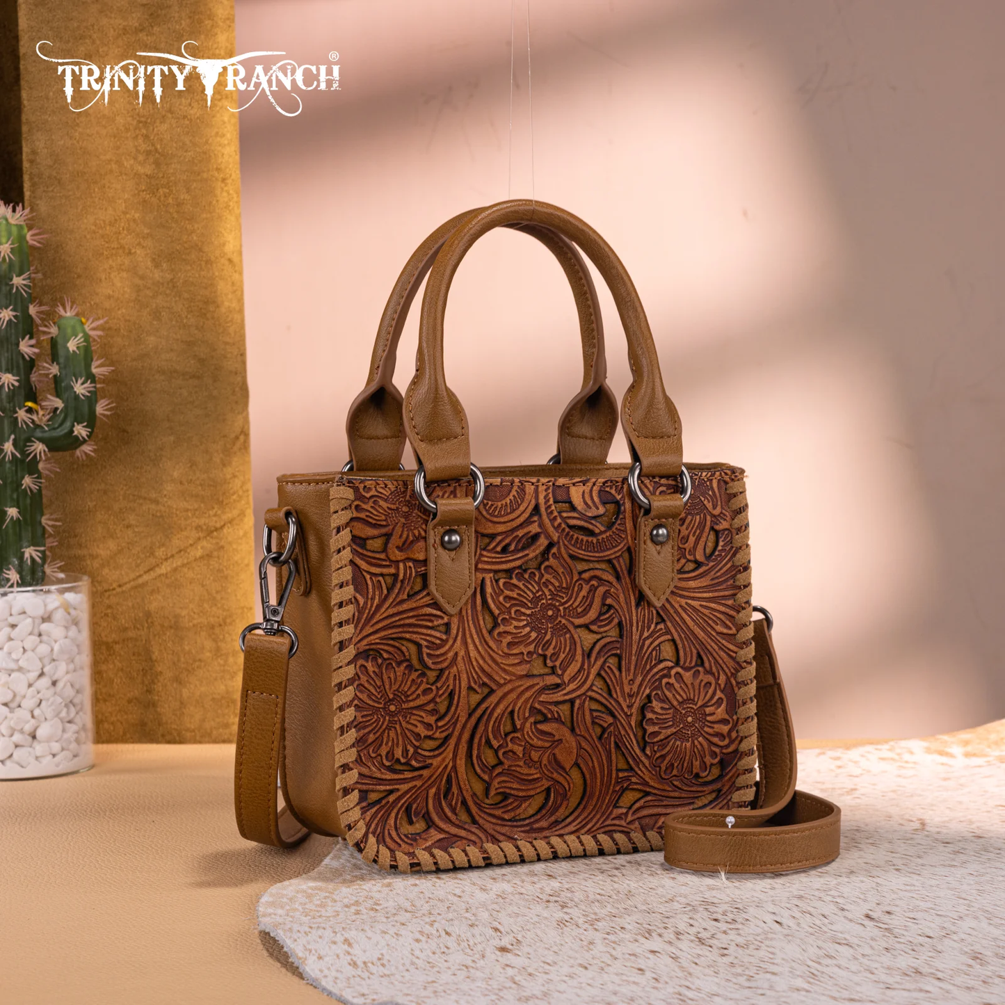 Trinity Ranch Floral Tooled Collection Mini Tote/Crossbody - Light Brown